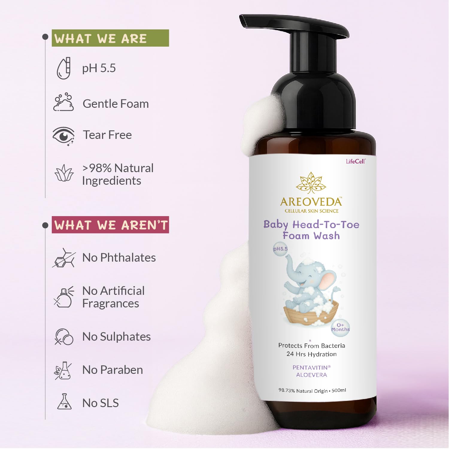 AreoVeda Baby Head-To-Toe Foam Wash With Self-Foaming Pump (500ml)