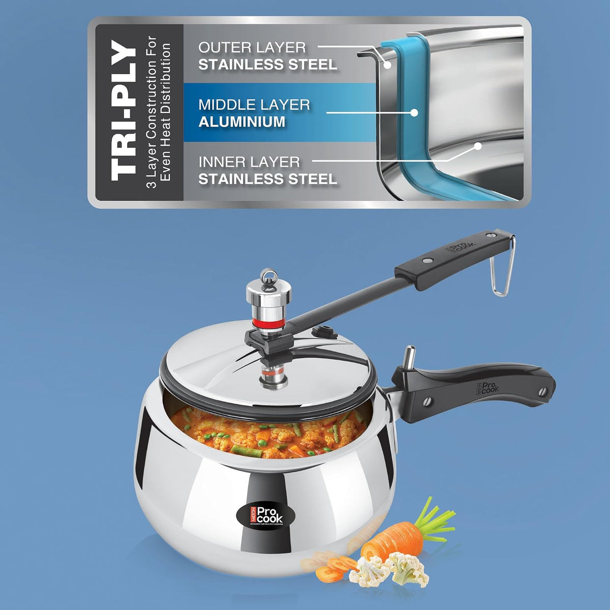 Milton Pro Cook Induction Cookware & Gas Stove Friendly Triply Stainless Steel Curve Pressure Cooker with Inner Lid 2 Litre | Gasket Release System | Hot Plate & Flame Safe | 5 Year Warranty | Silver
