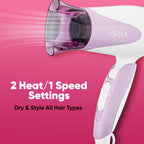 VEGA Blooming Air Foldable 1000-1200 Watts Hair Dryer for Women with Flexible Heat Setting & Detachable Nozzle,Automatic Overheat Cutout,Compact Quick Dry Blow Dryer(VHDH-05),(Made in India)