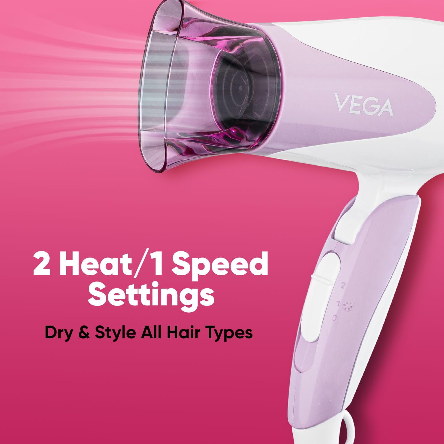 VEGA Blooming Air Foldable 1000-1200 Watts Hair Dryer for Women with Flexible Heat Setting & Detachable Nozzle,Automatic Overheat Cutout,Compact Quick Dry Blow Dryer(VHDH-05),(Made in India)