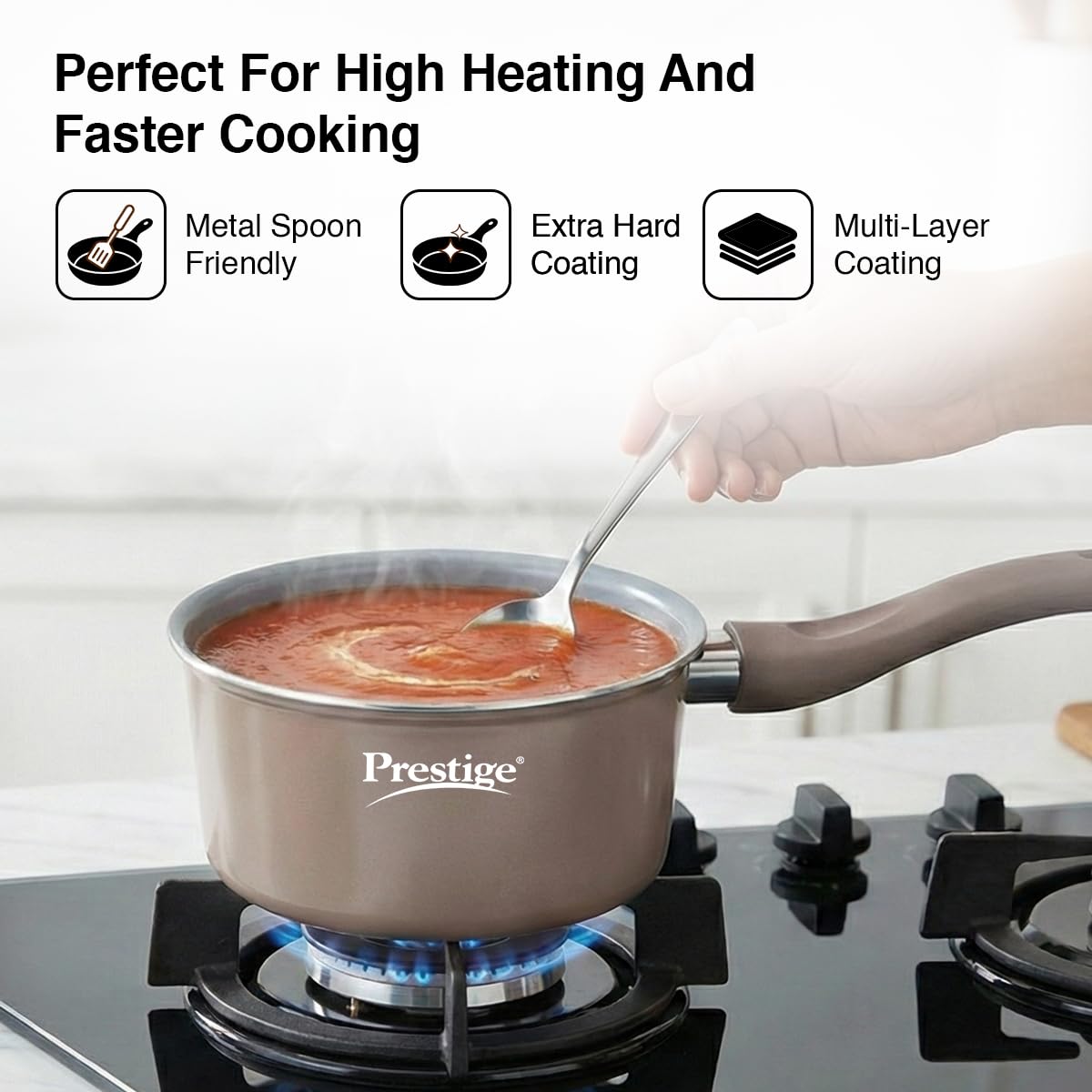 Prestige Ceraglide Duo Sauce pan 16Cm/1.4L with Glass Lid Non-Stick Ceramic Coating|Works On Gas & Induction|High Heating|Cool Touch Handle|Grey