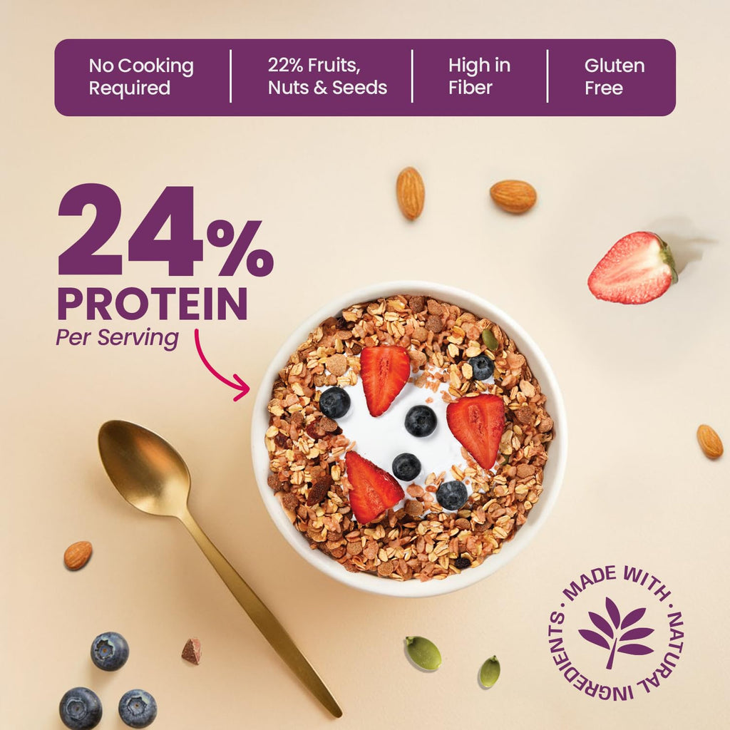 Pintola 25g High Protein Muesli, Fruit & Nut, 1kg | Gluten-Free, Naturally Sweetened with Organic Jaggery & Dates, 22% Fruits, Nuts & Seeds, No Refined Sugar, Healthy Breakfast Cereal (Pack of 2)