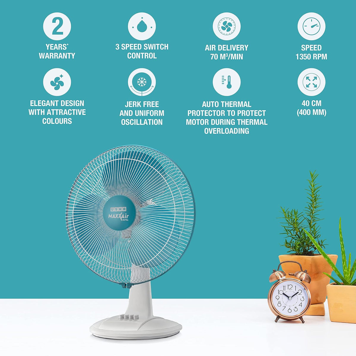 USHA Maxx Air Ultra Table Fan | 400MM Sweep Size | 1350_RPM | Aerodynamic Blade Design for High Air Delivery | Corrosion Protection with Plastic Blades | 3 Speed Settings | Light Blue