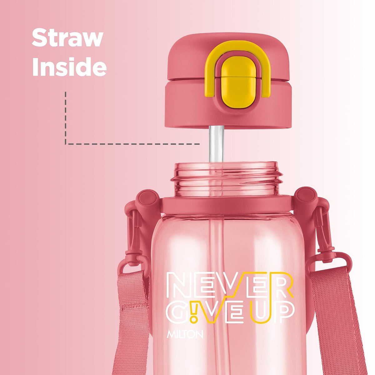 MILTON Regan 850 2-in-1 Lid Sip or Gulp Water Bottle | Sturdy Handle And Strap I BPA Free| Food-Grade | One-Touch Open | Leak-Proof | Ideal for Office, School, College, Gym | 836ml, Pink