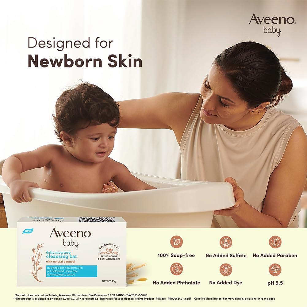 Aveeno Baby Daily Moisture Cleansing Bar 75g (Pack of 15) | With natural Oatmeal, Glycerin and Shea Butter | Co-created with Pediatricians and Dermatologists for newborn sensitive skin | pH balanced, free of soap, parabens sulfates and phthalates