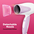 VEGA Blooming Air Foldable 1000-1200 Watts Hair Dryer for Women with Flexible Heat Setting & Detachable Nozzle,Automatic Overheat Cutout,Compact Quick Dry Blow Dryer(VHDH-05),(Made in India)