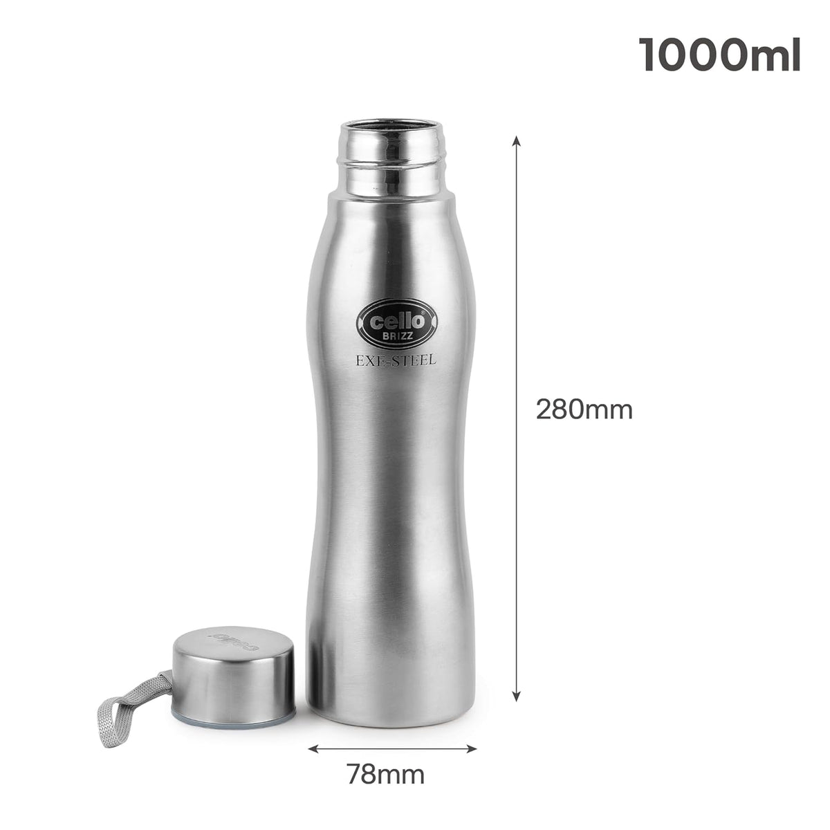 CELLO Brizz 1000 Exe-Steel Stainless Steel Water Bottle 1000 ml, Silver | ISI Certified, Single Walled, Leakproof Steel Bottle | Rust & Stain Proof, Easy to Carry Loop Dishwasher Fridge Water Bottle