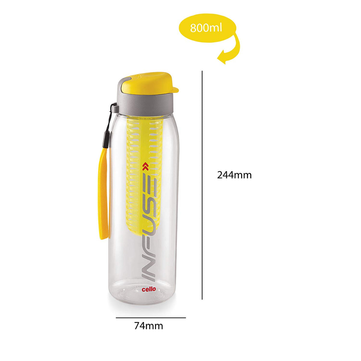 CELLO Infuse Water Bottle 800ml, Yellow | Food Grade Unbreakable Detox Bottle with Infuser Chamber | Reusable Leakproof Lightweight Easy to Carry Fridge Pet Bottle For Home, Gym & Outdoor Hydration