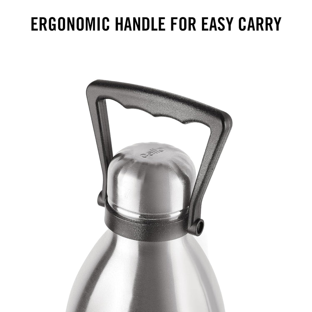 CELLO Swift Stainless Steel Hot and Cold Water Bottle 2000 ml Silver | ISI Certified Spillproof Leakproof Screw Lid Double Wall Vacuum Insulated Thermos Flask Water Bottle for Home Office Gym Travel