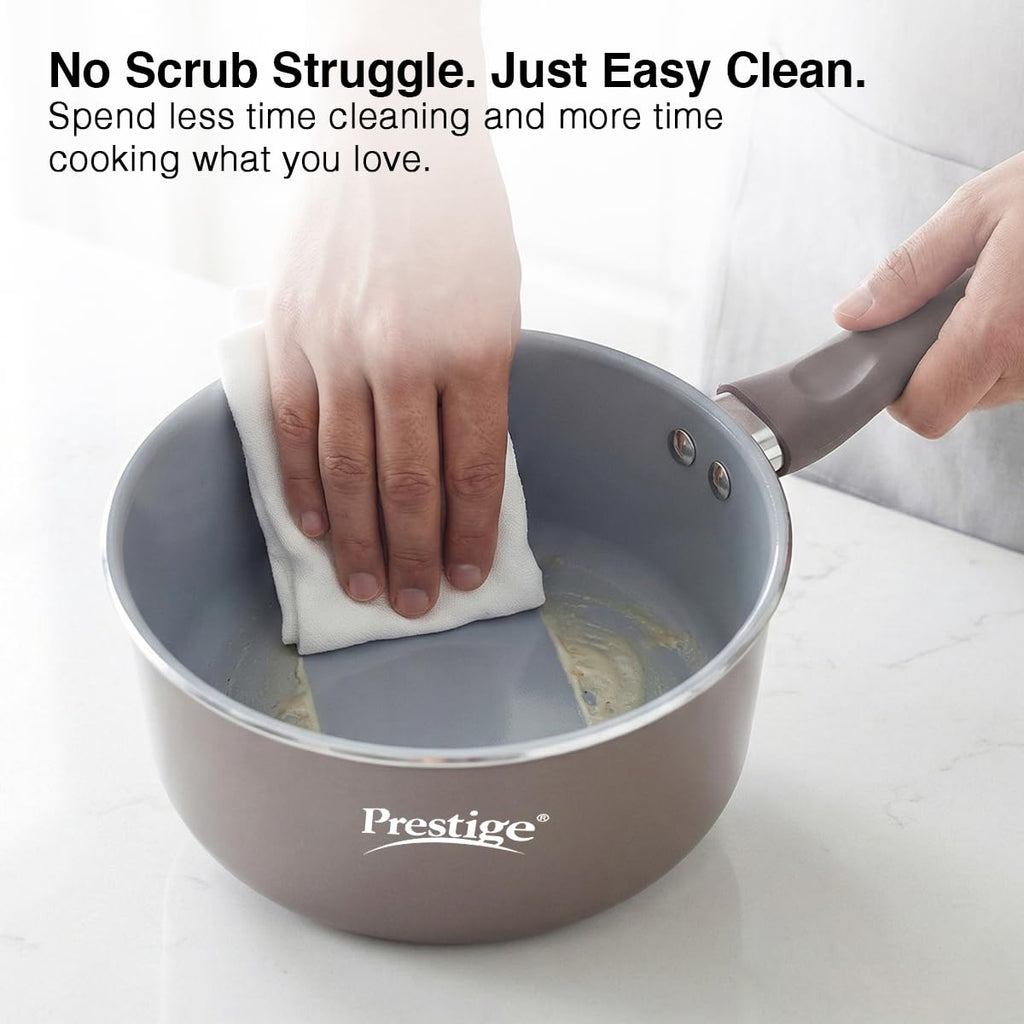 Prestige Ceraglide Duo Sauce pan 16Cm/1.4L with Glass Lid Non-Stick Ceramic Coating|Works On Gas & Induction|High Heating|Cool Touch Handle|Grey