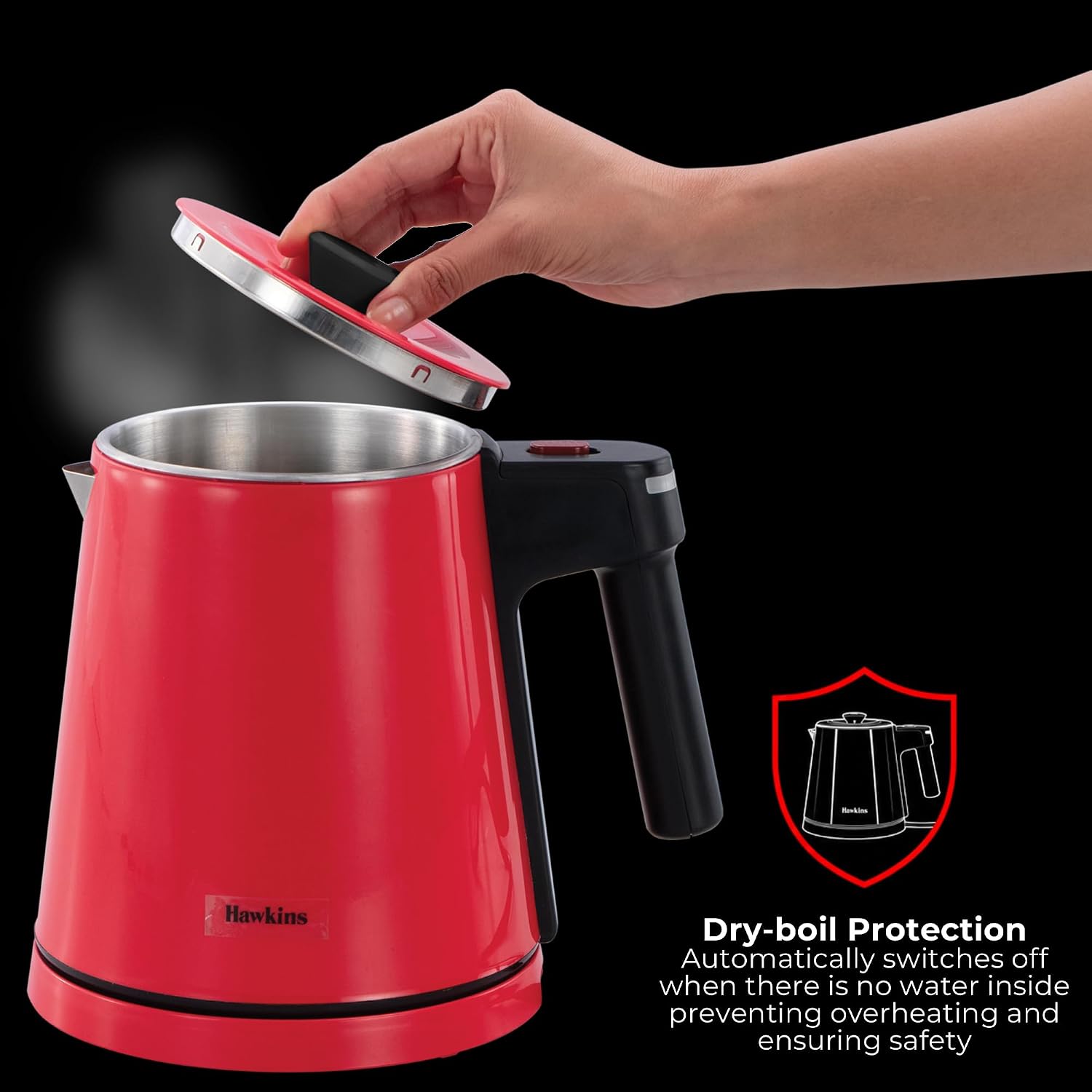 Hawkins Electric Red Kettle 1.2 Litre | 1200W | Cool Touch Body | Auto Cut-Off & Dry-Boil Protection | LED Indicator | Cord Storage | Red (HKT1R)