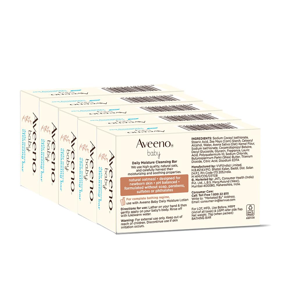 Aveeno Baby Daily Moisture Cleansing Bar 75g (Pack of 15) | With natural Oatmeal, Glycerin and Shea Butter | Co-created with Pediatricians and Dermatologists for newborn sensitive skin | pH balanced, free of soap, parabens sulfates and phthalates