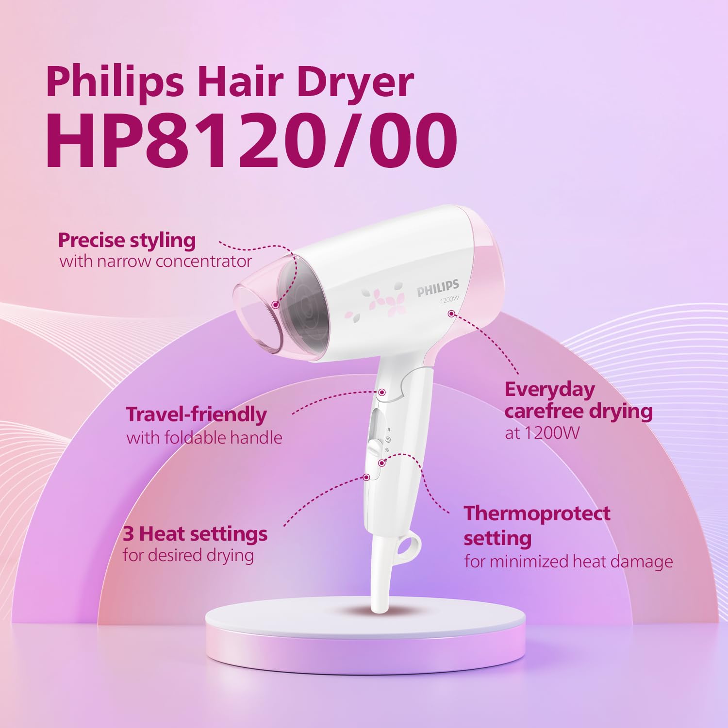 Philips India's No.1 Hair Styling Brand - Foldable Hair Dryer | 1200W | Fast Blow Dry | 2 Heat Settings | ThermoProtect Tech |Travel-Friendly, Quick Dry | Frizz Control For Indian Hair | HP8120