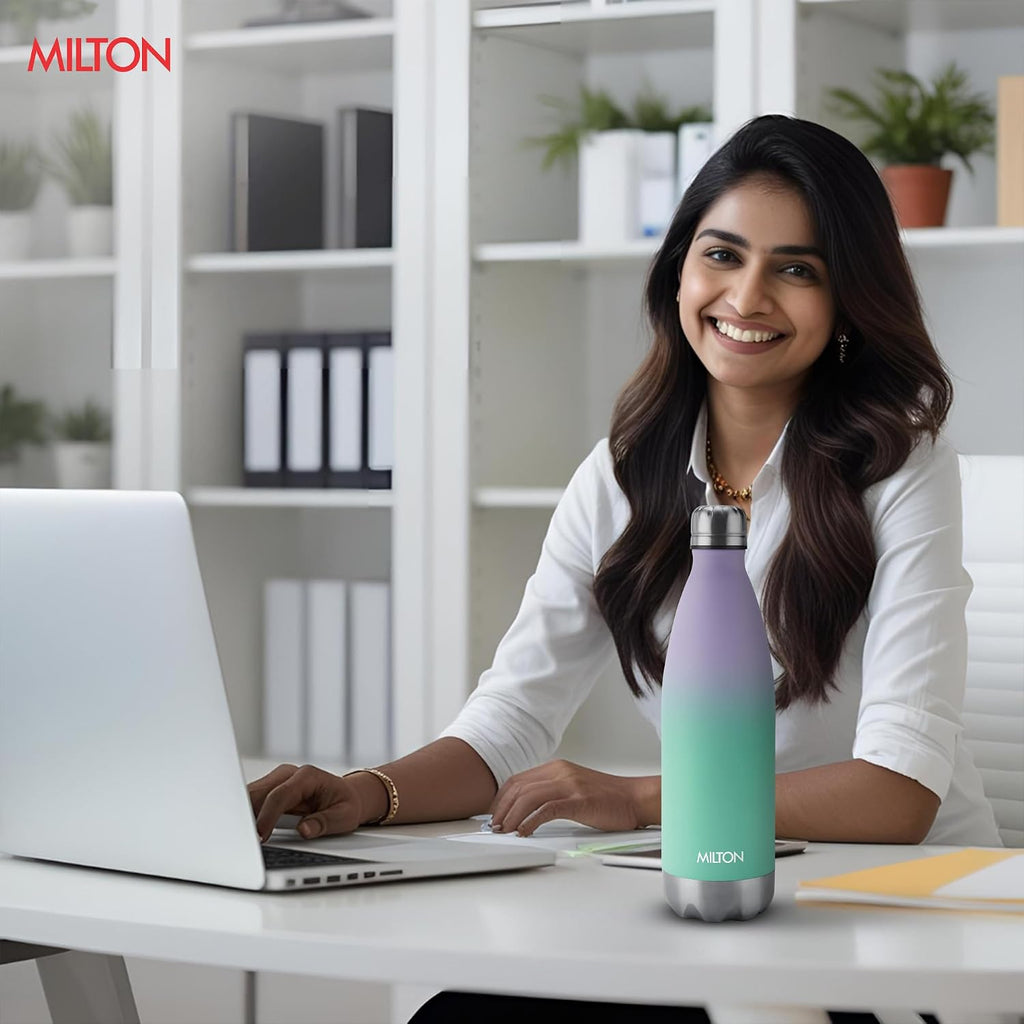 Milton Dewie Duo 1000 Thermosteel Water Bottle 1000 ml, 24 Hr Hot and Cold I Leak Proof Lid, ISI Certified I Vacuum Insulated I for Office, Gym, School I Green Purple