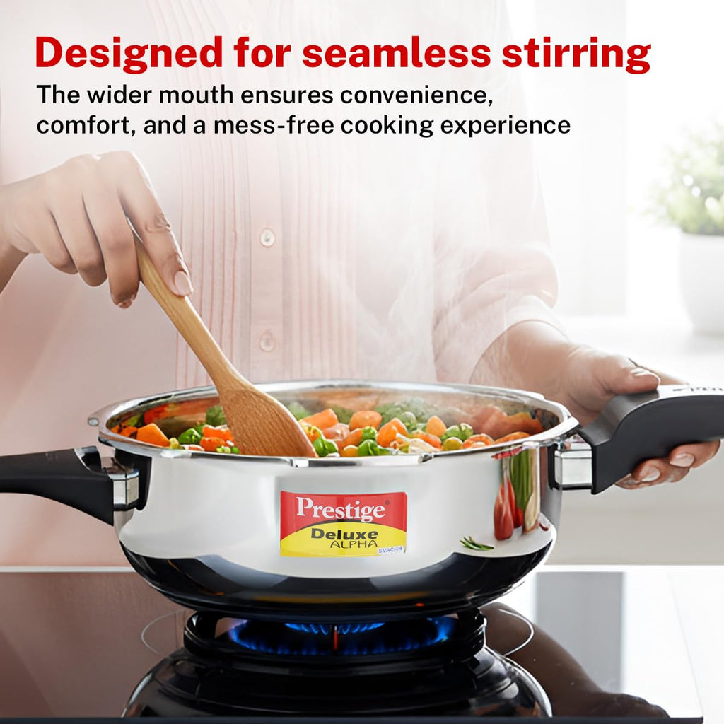 Prestige 4 Litre Stainless Steel Deluxe Alpha Svachh Outer Lid Senior Pressure Pan Cooker | 10Y Warranty| Deep Lid for Spillage Control | TRIPLY Base | GRS | Gas & Induction Compatible | ISI