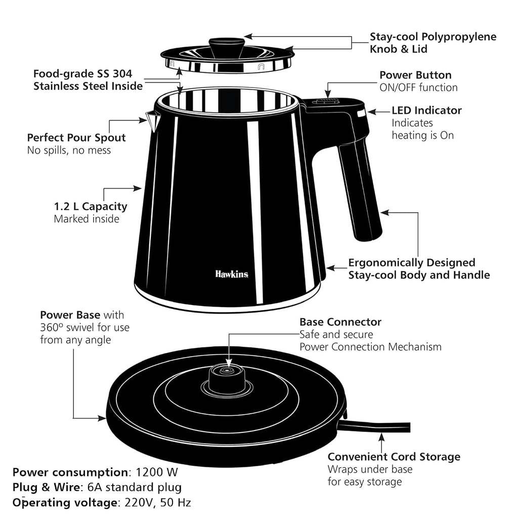 Hawkins Electric Red Kettle 1.2 Litre | 1200W | Cool Touch Body | Auto Cut-Off & Dry-Boil Protection | LED Indicator | Cord Storage | Red (HKT1R)