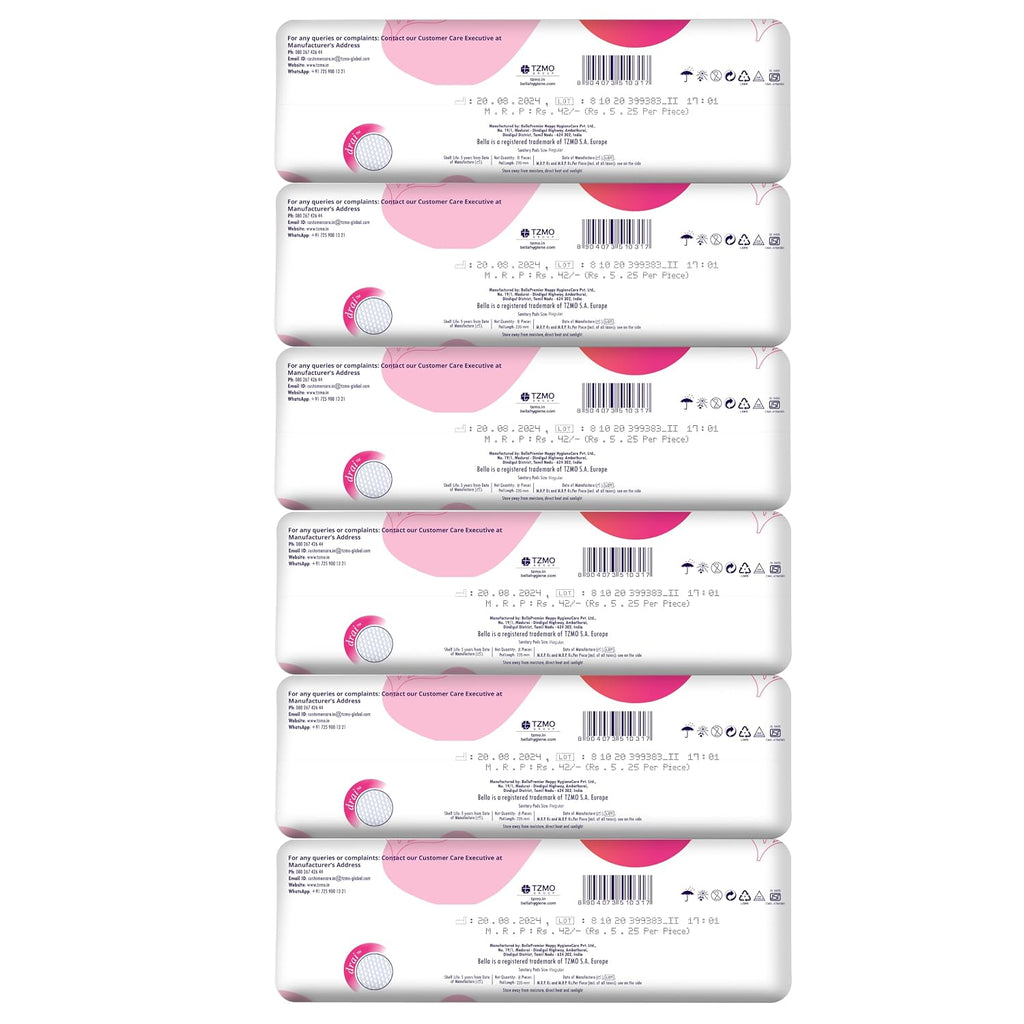 Bella Classic Regular Drai Pads for Women 8pcs - Pack of 6 | All Day Extra Dryness | Leakage proof | Moist lock | Wing & Extra protective Zone | Rash Free period | Comfort