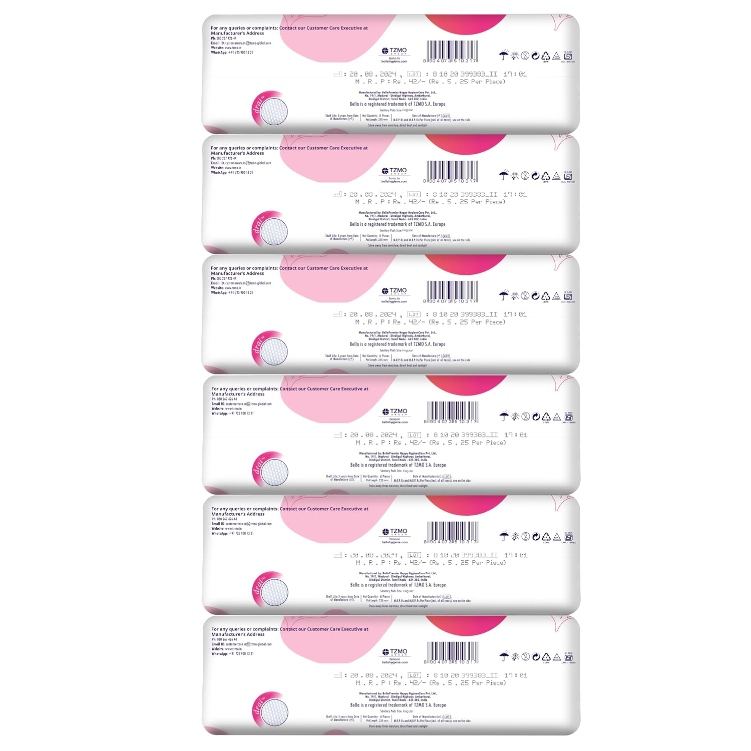 Bella Classic Regular Drai Pads for Women 8pcs - Pack of 6 | All Day Extra Dryness | Leakage proof | Moist lock | Wing & Extra protective Zone | Rash Free period | Comfort