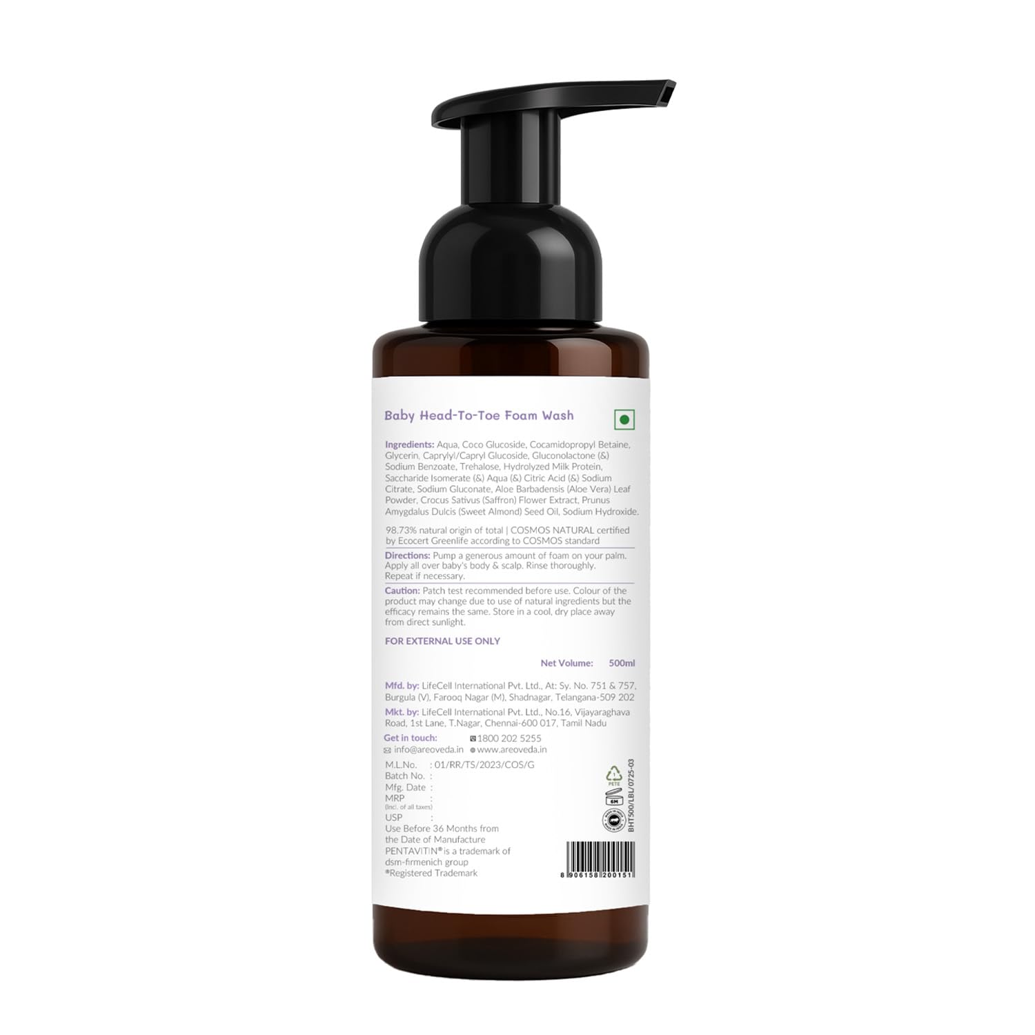 AreoVeda Baby Head-To-Toe Foam Wash With Self-Foaming Pump (500ml)