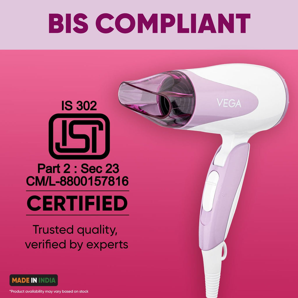 VEGA Blooming Air Foldable 1000-1200 Watts Hair Dryer for Women with Flexible Heat Setting & Detachable Nozzle,Automatic Overheat Cutout,Compact Quick Dry Blow Dryer(VHDH-05),(Made in India)