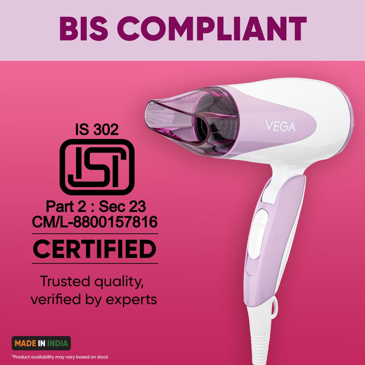 VEGA Blooming Air Foldable 1000-1200 Watts Hair Dryer for Women with Flexible Heat Setting & Detachable Nozzle,Automatic Overheat Cutout,Compact Quick Dry Blow Dryer(VHDH-05),(Made in India)