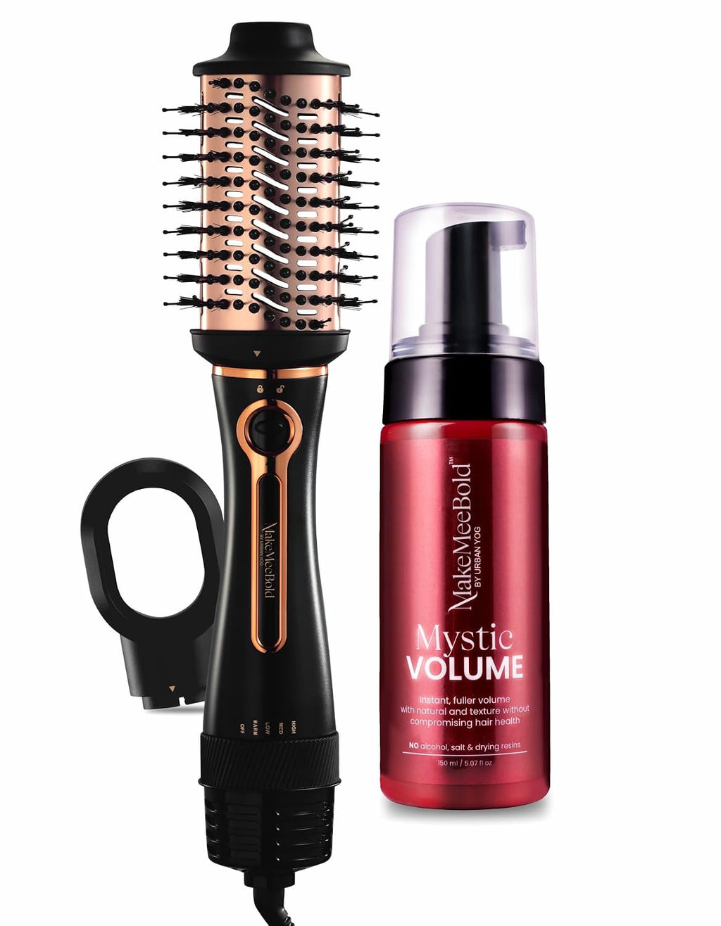 Urban yog Makemeebold 3-In-1 Hot Air Brush & Mystic Volume Hair Styling Foam(150Ml),Hair Dryer,Straightener,Volumizer|1200 Watts Blow Dryer Brush|Volumizing Foam For Fine Hair,Paraben-Free,Black