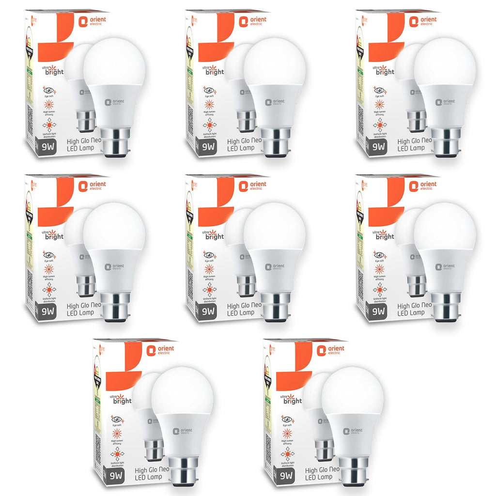 Orient Electric 9W High Glow LED bulb| 180-degree wide beam angle| Voltage surge protection up to 4 kV| 6500K, Cool White| B22d base| Made in India| Pack of 8