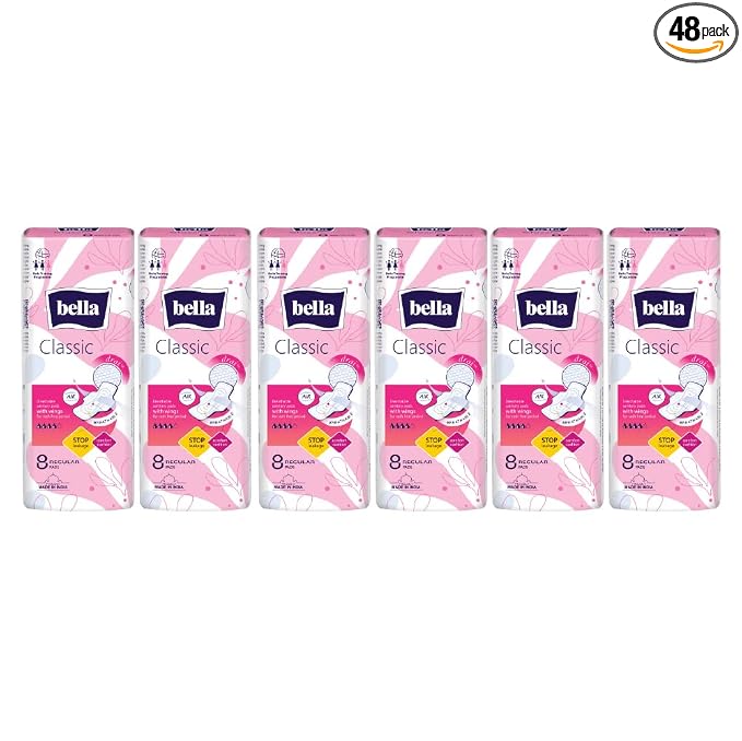 Bella Classic Regular Drai Pads for Women 8pcs - Pack of 6 | All Day Extra Dryness | Leakage proof | Moist lock | Wing & Extra protective Zone | Rash Free period | Comfort