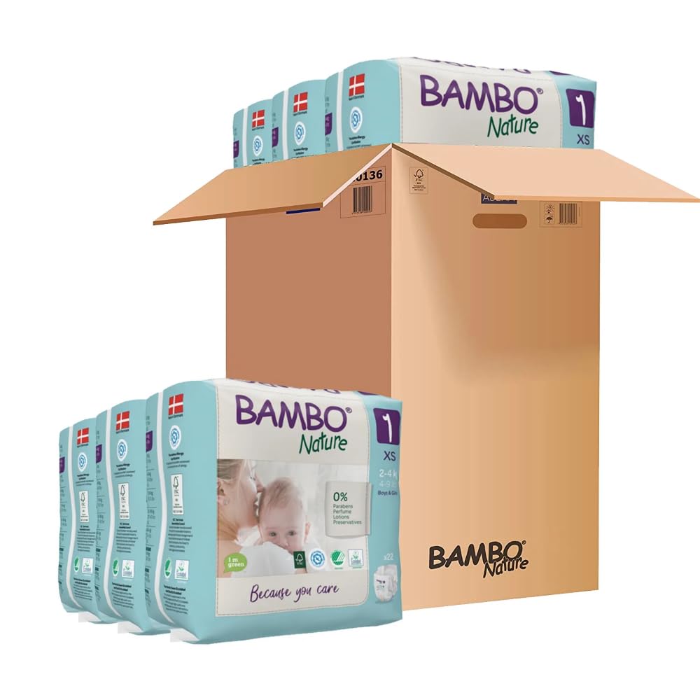Bambo Nature Premium Baby Tape Diapers for New Born Baby XS Size (2-4 Kgs) - Super Absorbent, Breathable, Extra Soft, Dermatologically Tested, Hypoallergenic Nappies With Wetness Indicator, 132 Count (66 Count, Pack of 2)