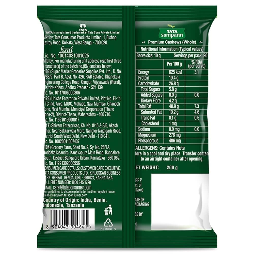 Tata Sampann Pure Cashews Whole/Kaju, 200g