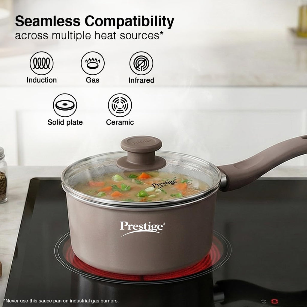 Prestige Ceraglide Duo Sauce pan 16Cm/1.4L with Glass Lid Non-Stick Ceramic Coating|Works On Gas & Induction|High Heating|Cool Touch Handle|Grey