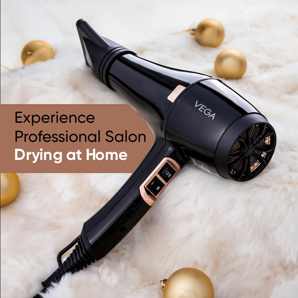 Vega Pro-Xpert 2200W Professional Hair Dryer for Women with 2 Speed/3 Heat Settings, Cool Shot Button, Diffuser & 2 Detachable Nozzles, Travel Friendly, (VHDP-03), 2000 Watts, Black