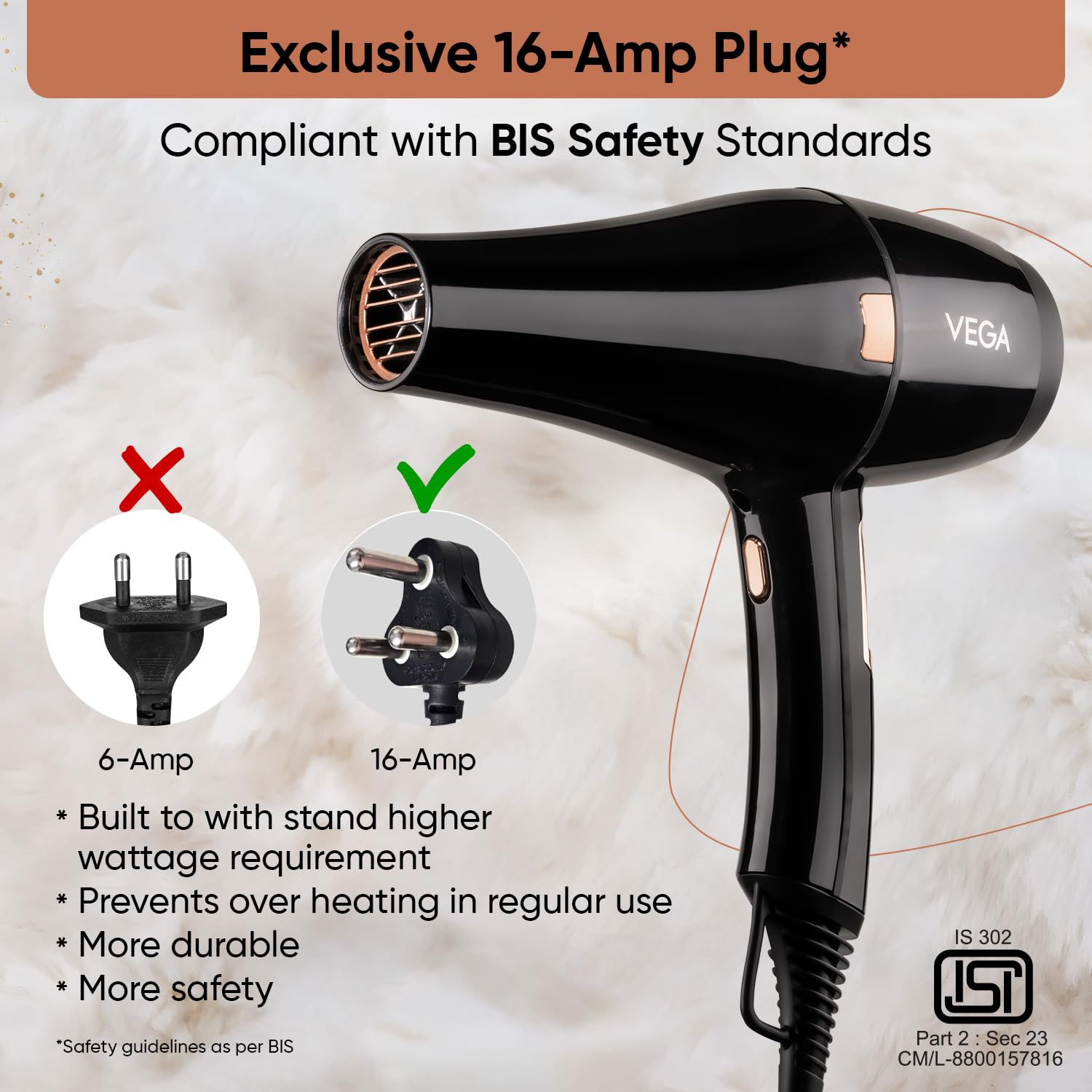 Vega Pro-Xpert 2200W Professional Hair Dryer for Women with 2 Speed/3 Heat Settings, Cool Shot Button, Diffuser & 2 Detachable Nozzles, Travel Friendly, (VHDP-03), 2000 Watts, Black
