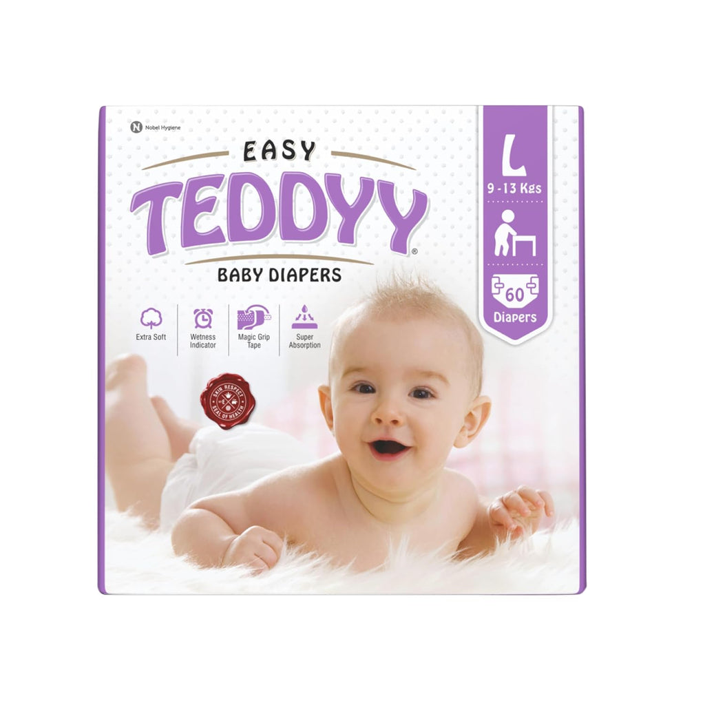 TEDDYY Easy Baby L Size Diaper Tape Style | 60 Count (Large) | 9-13 kgs (Pack of 1) | Quick Absorbency | Extra Super Soft | Anti - Bacterial | Wetness Indicator with Adjustable Grip Tapes