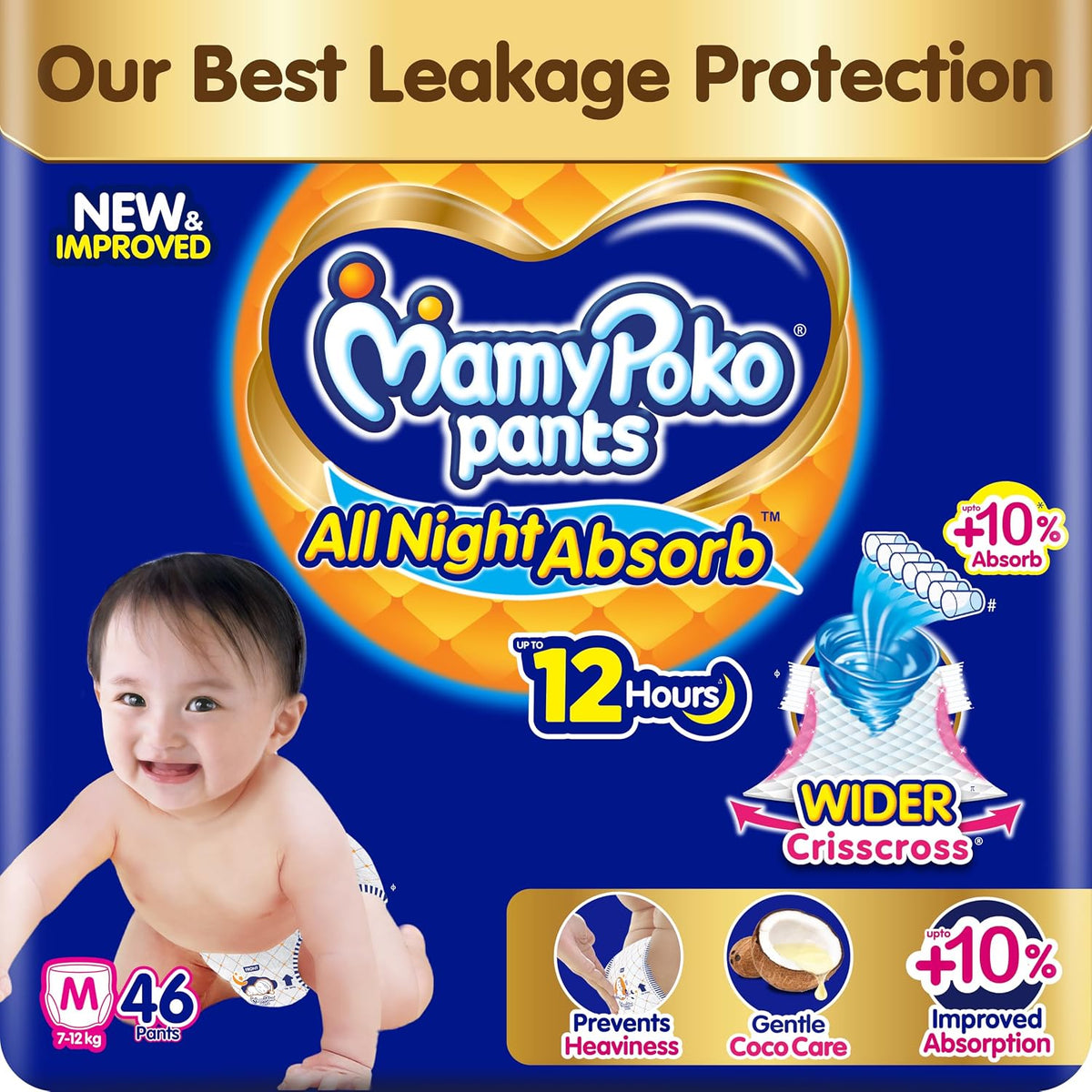 MamyPoko New Pants Premium All Night Absorb| Pant Style Baby Diapers Medium Size(M), 46 Count, Ideal for 7-12Kgs|1 Diaper= Upto All Night Absorption now with 10% increased power|Wider Crisscross Sheet