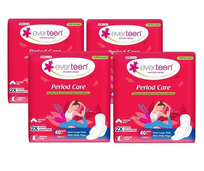 everteen Sanitary Pads XL 40 for Women, Enriched with Neem and Safflower, Rash Free Period Pads For Medium Flow, Locks Odour & Wetness - 4 Packs (40 Pads Each)