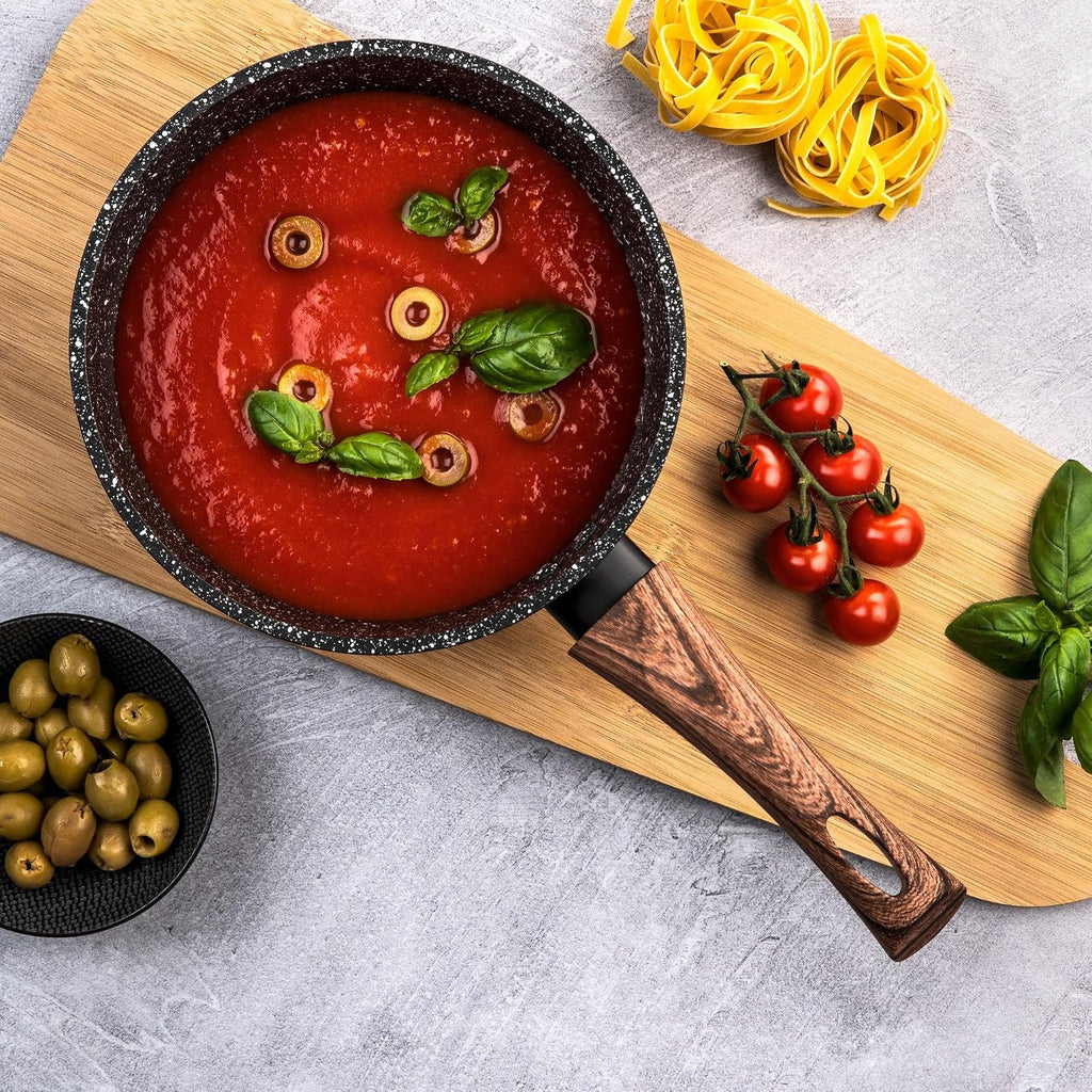 Westinghouse Black Marble Series Saucepan 18 cm with Glass Lid, 3-Layer Marble Non-Stick Coating, Made of Forged Aluminium, Riveted Handles with Silicone Coating in Wood Look, Dishwasher Safe, Black
