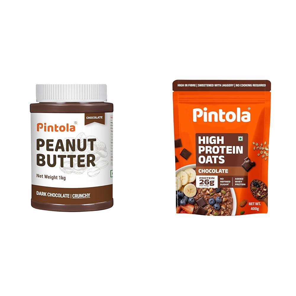 Pintola Peanut Butter Chocolate Flavour Crunchy 1kg - 18.6g Protein & 5.2g Dietary Fiber, Made + PINTOLA 25g High Protein Oats 400g, Dark Chocolate,No Refined Sugar, with Almonds Raisin,