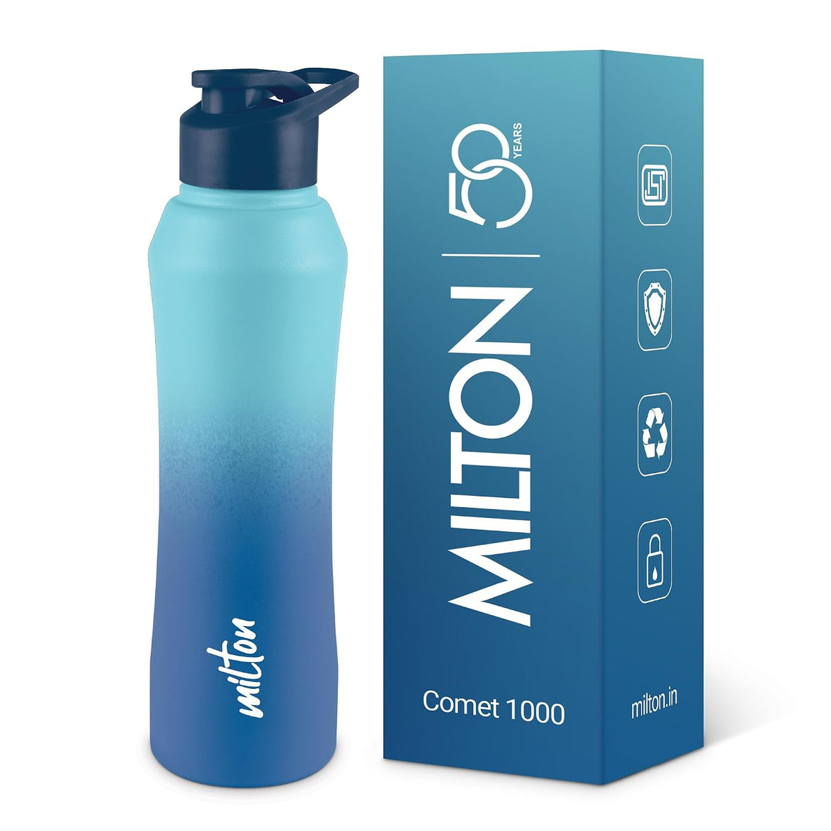 MILTON Comet 1000 ISI Certified Stainless Steel Water Bottle I Leak Proof I Rust proof I Single Walled I Ideal for Office, School, Home, Gym, 1000 ml, Light Blue & Dark Blue