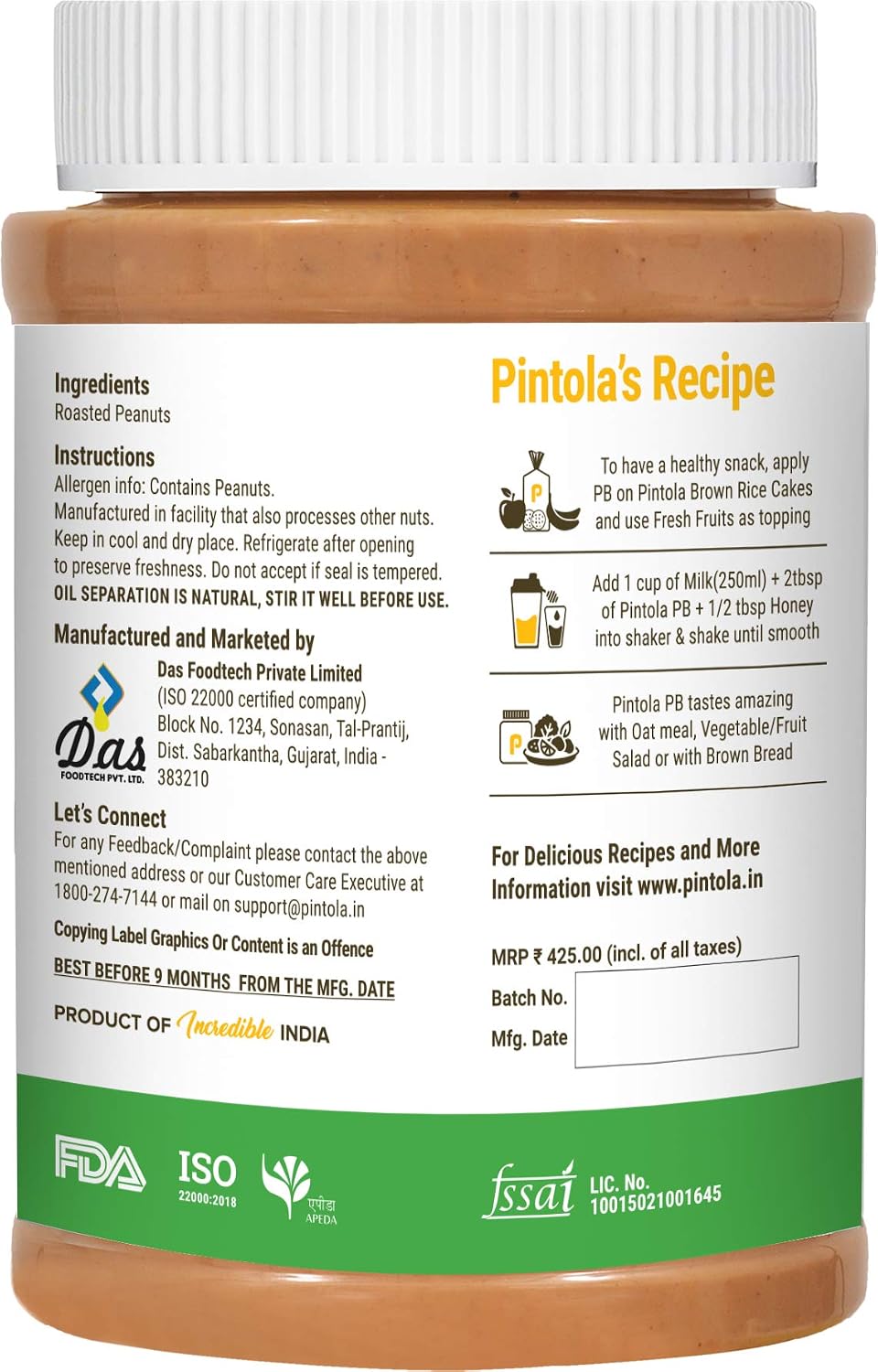 Pintola All Natural Peanut Butter Crunchy 1kg (Pack of 3)