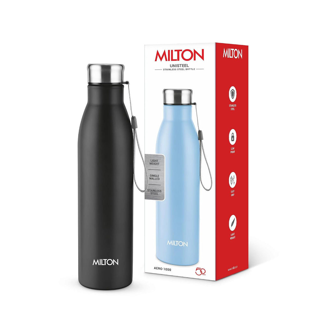 Milton Aero 1000 Stainless Steel Water Bottle I ISI Certified I Soft Powder Coat Premium Finish I Leak Proof - Light Weight I for Office, School, College, 980 ml, Black
