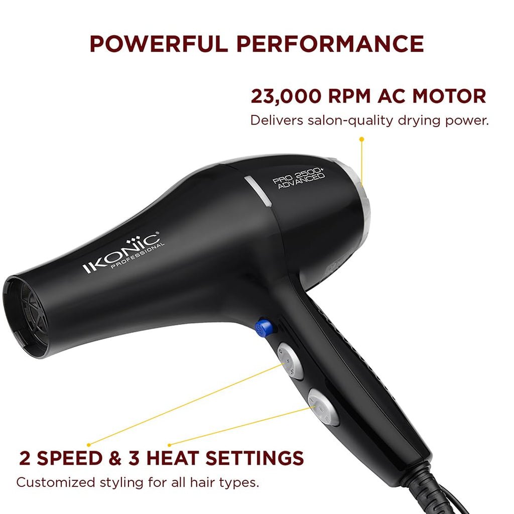 Ikonic Professional Pro 2500+ Advanced Hair Dryer 2500W-2800W, 23000 Rpm Ac Motor, Ionic Technology Anti-Frizz Blow Dryer For Smooth Shiny Hair, 3 Heat & 2 Speed Settings, Cool Shot Button, 2 Nozzles, Overheat Protection, For Men & Women, Black