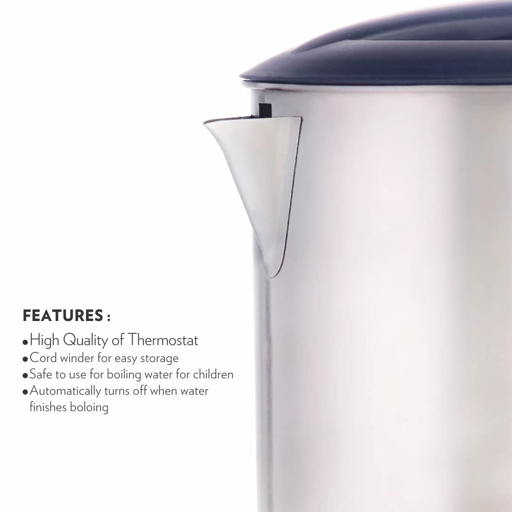 Borosil 1L Eva Cool Touch Stainless Steel Electric Kettle | Made in India | 360° Rotating Base, Auto Cut-Off, Dry Boil Protection | Boil Water for Tea, Coffee & Soup | 1 Year Warranty