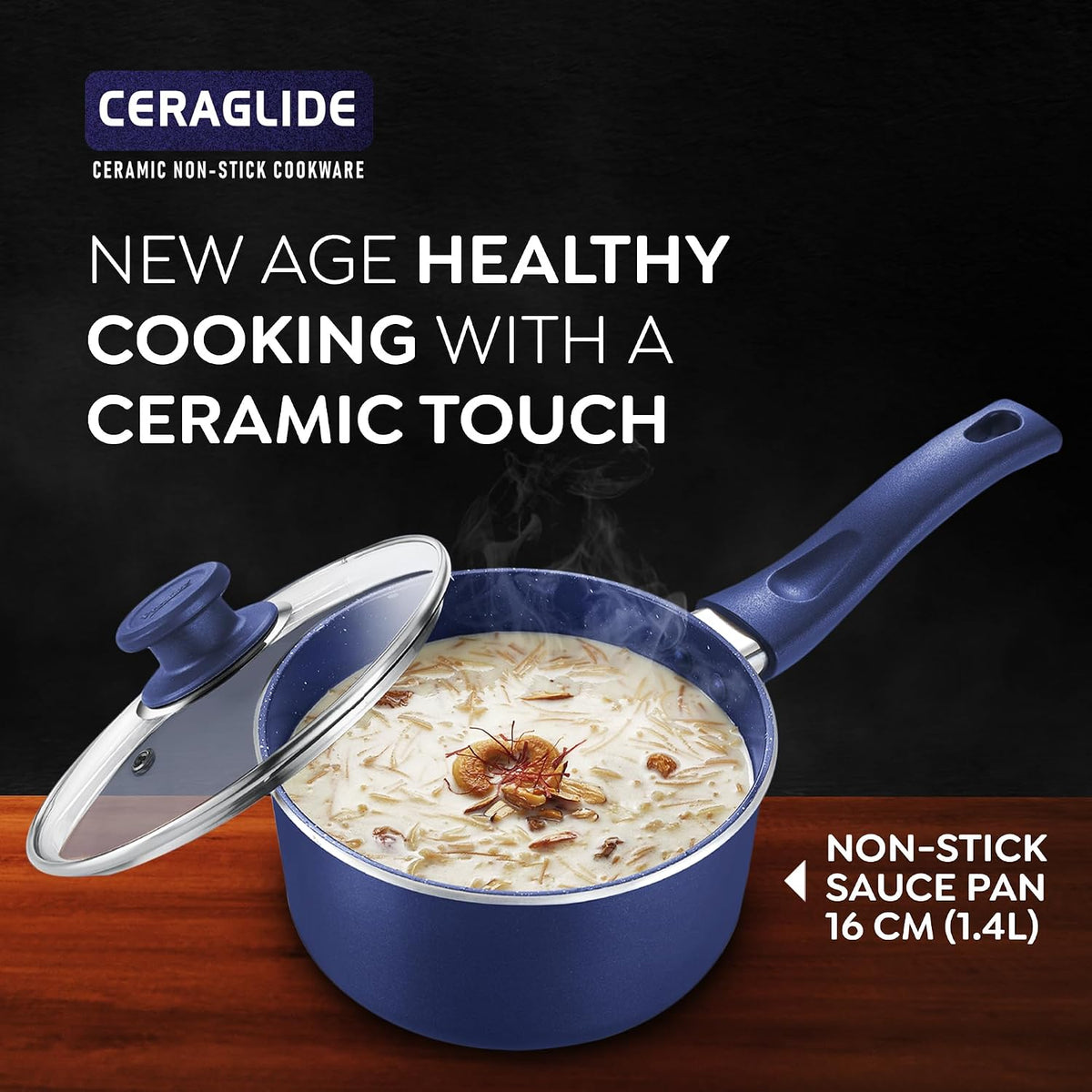 Prestige Ceraglide Ceramic Coating Non-Stick Aluminium Cookware Sauce Pan 16 Cm (1.4 Litre) with Glass Lid