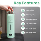 Goodscity Portable Electric Kettle Travel Water Bottle For Boiling Hot Water Milk With Cool Touch Exterior, Auto Shut Off, 300W fast Heating, Leakproof, 1 Touch Screen, 500 Ml, Green, 1 year Warranty