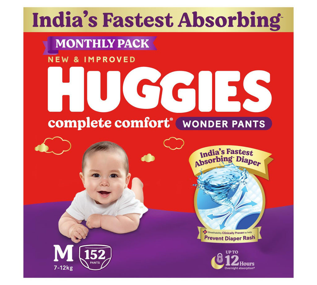 Huggies Complete Comfort Wonder Pants | Pant Style Baby Diapers Medium Size (M), 152 Count | India's Fastest Absorbing Diaper, Prevents Diaper Rash, Ideal for 7 to 12 Kgs (76 Count, Pack of 2)