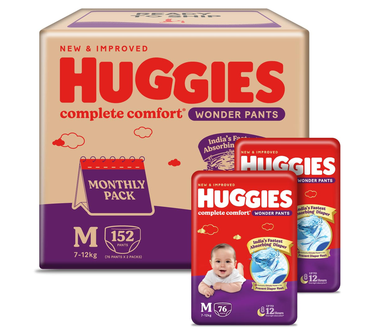 Huggies Complete Comfort Wonder Pants | Pant Style Baby Diapers Medium Size (M), 152 Count | India's Fastest Absorbing Diaper, Prevents Diaper Rash, Ideal for 7 to 12 Kgs (76 Count, Pack of 2)