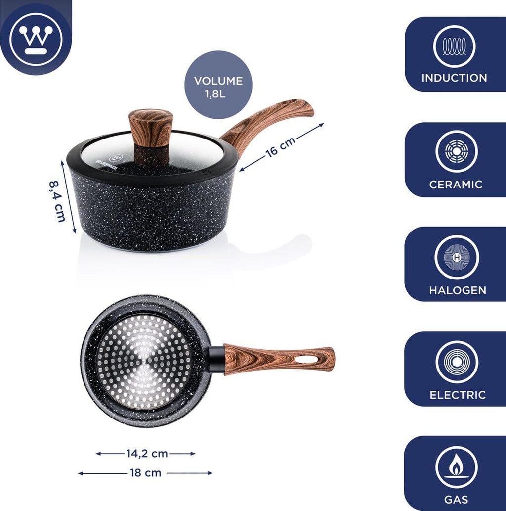 Westinghouse Black Marble Series Non Stick Saucepan 20 cm with Glass Lid,3-Layer Marble Coating,Forged Aluminium,Riveted Handles with Silicone Coating in Wood Look,Dishwasher Safe,Black,2.4 Liters