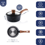 Westinghouse Black Marble Series Non Stick Saucepan 20 cm with Glass Lid,3-Layer Marble Coating,Forged Aluminium,Riveted Handles with Silicone Coating in Wood Look,Dishwasher Safe,Black,2.4 Liters