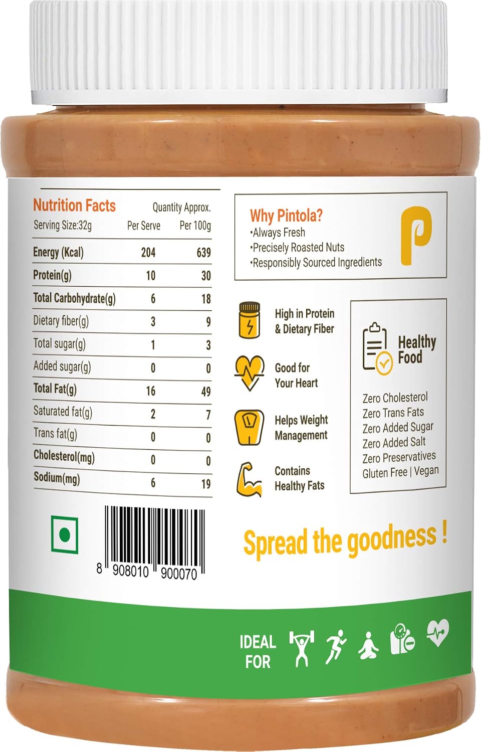 Pintola All Natural Peanut Butter Crunchy 1kg (Pack of 3)